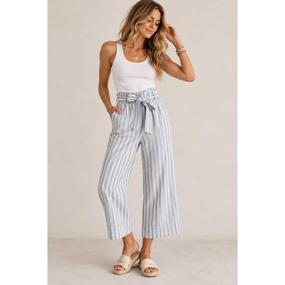 Madewell Striped Linen Blend Paperbag Waist Wide Leg Cropped Pants Blue White M